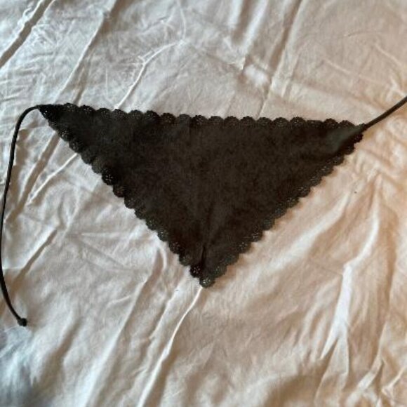 Suede Like Head Kerchief with Scalloped Edges. Navy & Dark Green - Picture 1 of 3